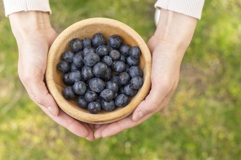 top-view-woman-holding-bowl-with-blueberries